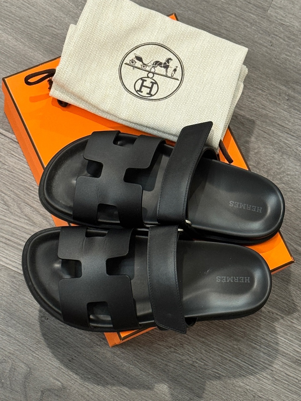 Authentic Hermes Black Leather Chypre Sandals